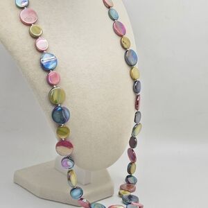 Vintage Iridescent Rainbow Shell Coin Flapper Necklace - 44"